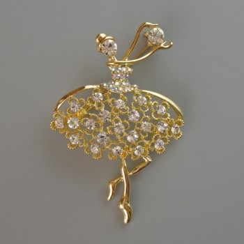 Broche Bailarina con strass blancos y rosados, metal dorado 39 × 54 mm