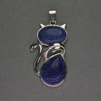 Colgante 'Gato' de lapislázuli 25×51 mm ± metal plateado
