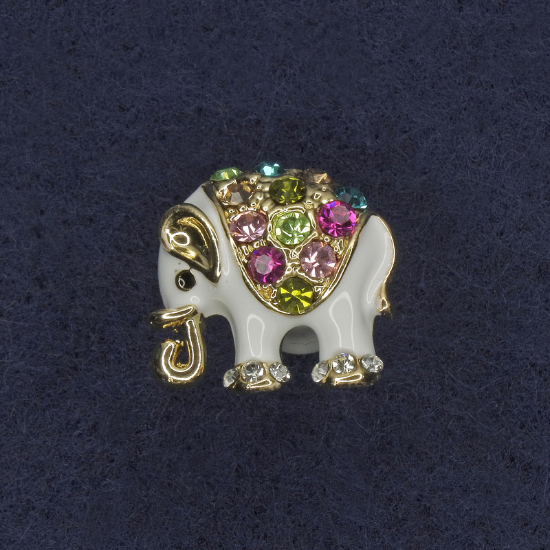 Broche Elefante con cristales, esmalte blanco y metal dorado, 16×15 mm+