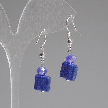 Pendientes de lapislázuli facetado en cuadrado 10x10 mm ±, rondel de vidrio checo 6x5 mm ±, longitud 37 mm +