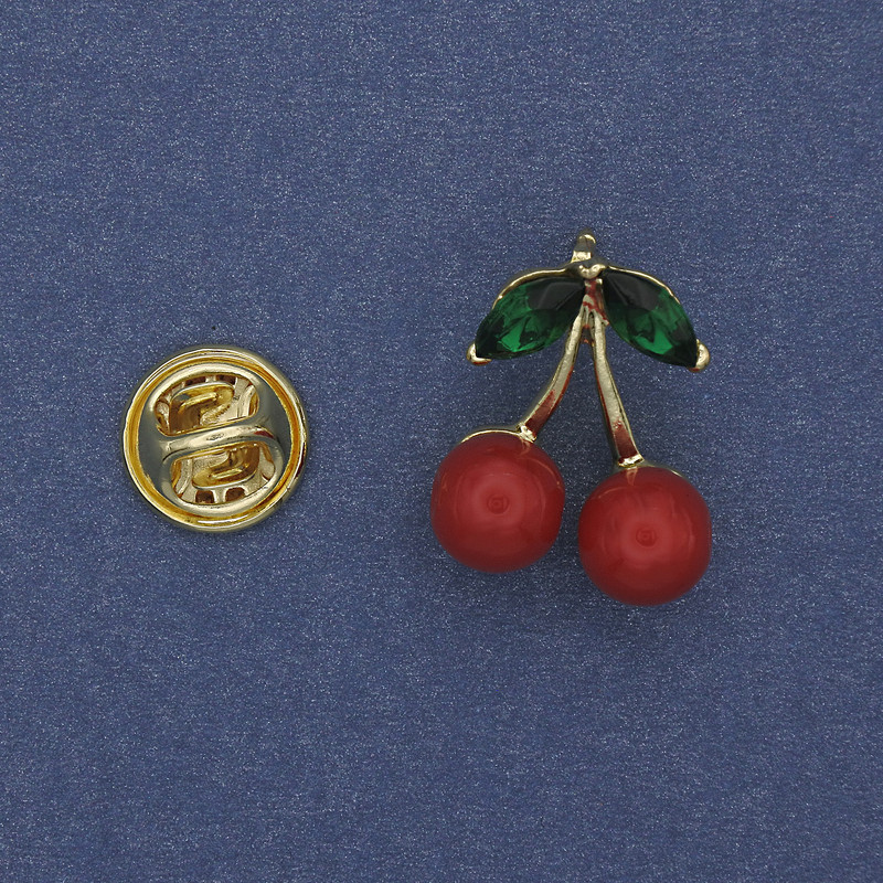 Broche de cerezas rojas y esmalte verde, metal dorado 20x16 mm+