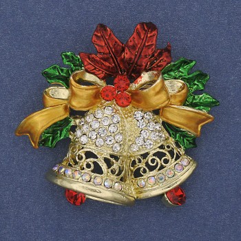 Broche con colgante Campanillas Navideñas esmaltadas y strass en metal dorado 45x47 mm+