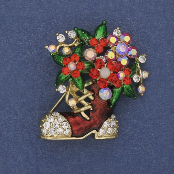 Broche Botín Navideño esmaltado con strass en metal dorado 37×32 mm +