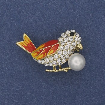 Broche 'Pájaro' esmaltado multicolor con strass blancos y perla, metal dorado, 22×35 mm +