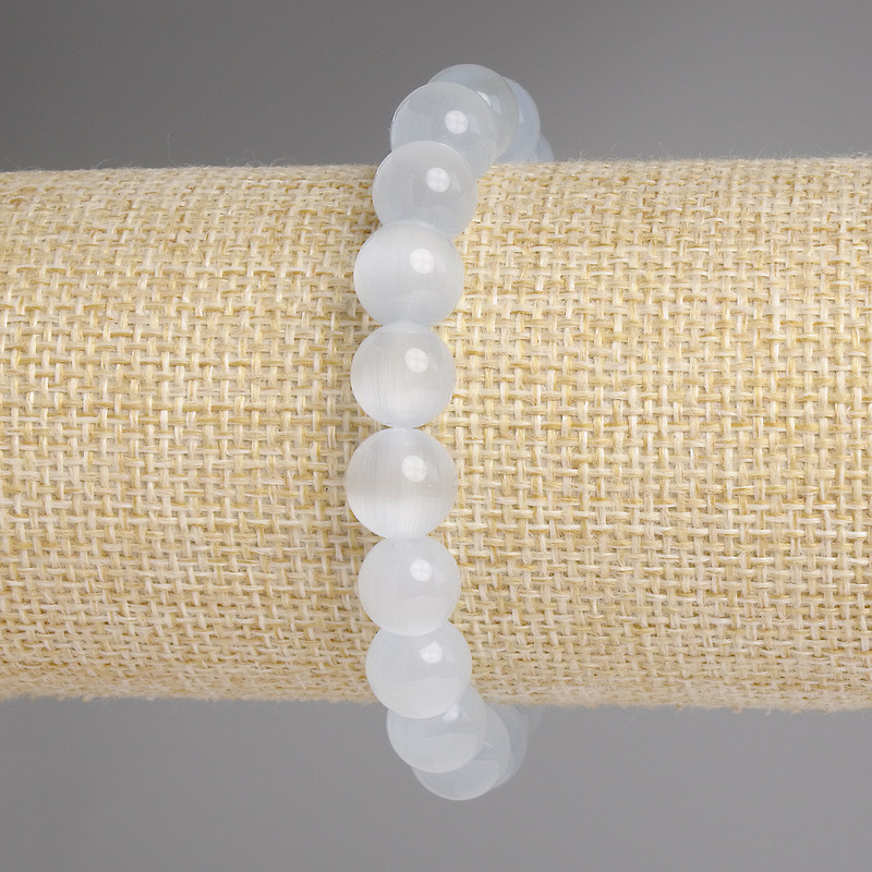 Pulsera de ojo de gato gris con bolas lisas, diámetro 9,5 mm, longitud 18 cm, elástica