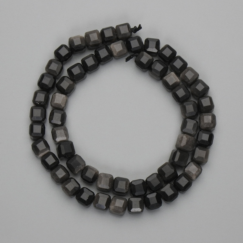Cuentas facetadas de obsidiana plateada, cubo 7×7 mm +- en hilo