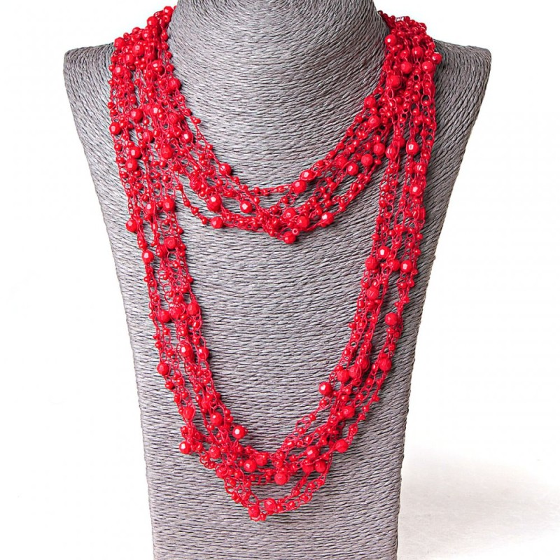( 140 cm ) Collar de malla de araña con colgantes redondos en color rojo