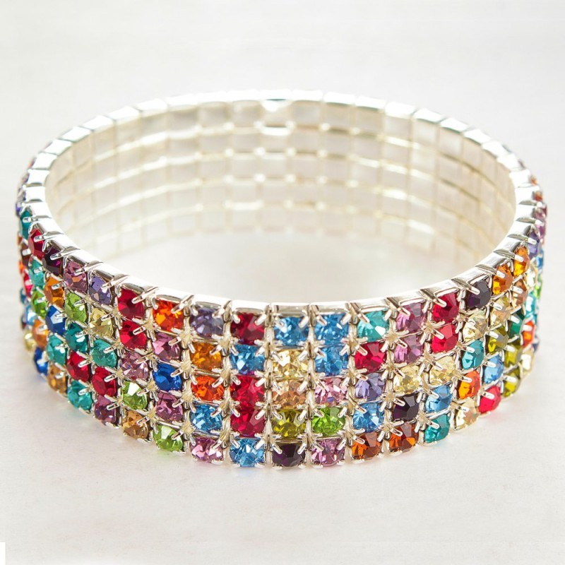 Pulsera elástica de cinco hileras con strass multicolores, circunferencia 17–18 cm