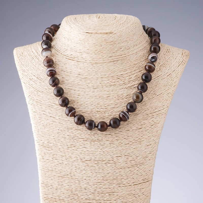 Collar de ágata en tonos marrones, cuentas lisas, diámetro 12 mm, longitud 45 cm