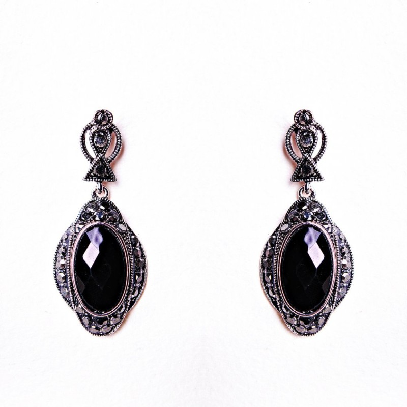 Pendientes ovalados calados con cristal negro (40 × 20 mm)