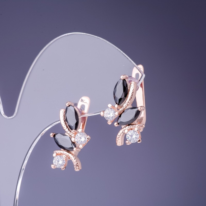 Pendientes con cristales negros de 19x12 mm, metal dorado