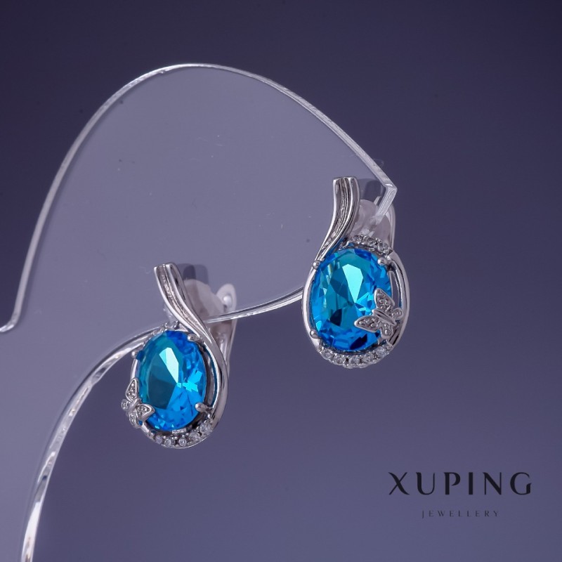 Pendientes Xuping con circón y topacio azul 17×10 mm, rodio