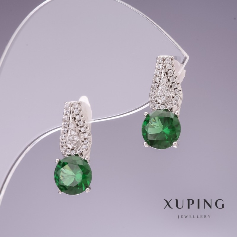 Pendientes Xuping con circón verde de 17×7 mm, recubiertos de rodio
