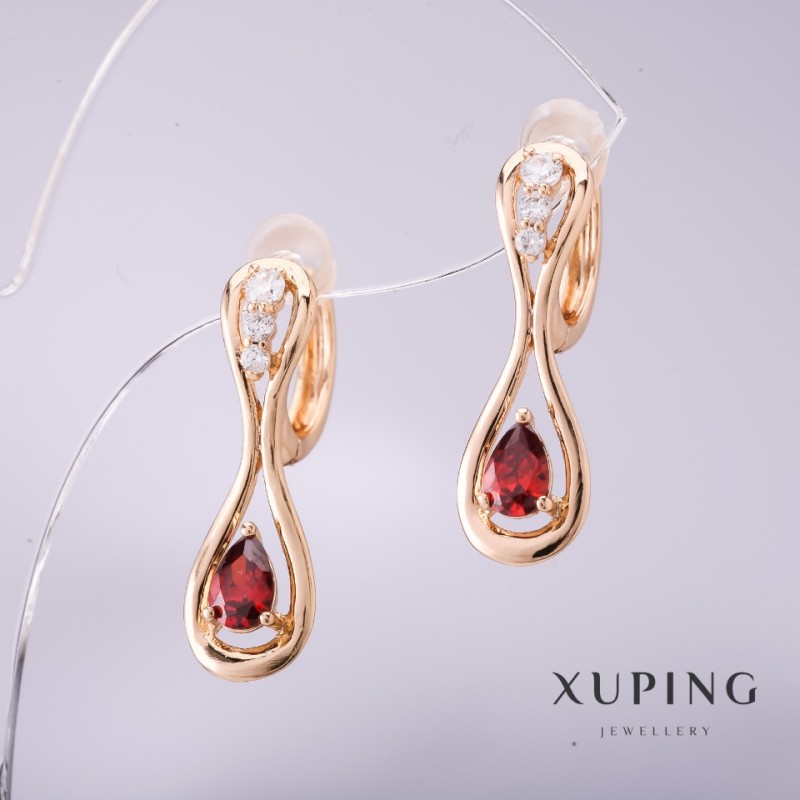 Pendientes Xuping con piedra roja 25×8 mm, baño de oro 18K