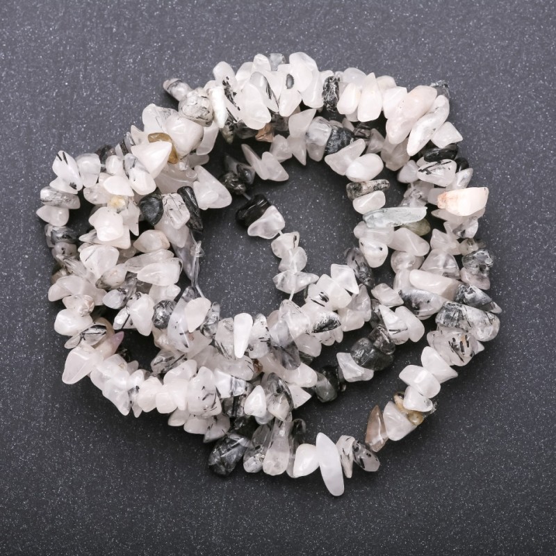 Cuentas de cuarzo rutilado natural 'peludo', cuarzo blanco en hilo, grano de 5–8 mm (±), longitud 85 cm
