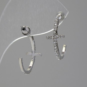 Pendientes tipo botón con diseño de aro en forma de cruz, con strass / baño de plata / 35 × 12 mm