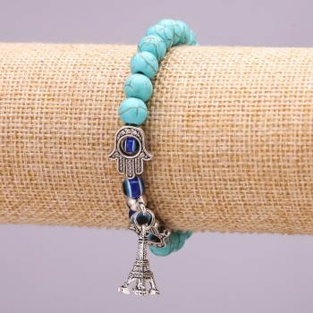 Pulsera con turquesa y colgante Torre, diámetro 8 mm, longitud 18 cm
