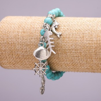 Pulsera con turquesa y colgantes marinos, diámetro 8 mm, longitud 18 cm