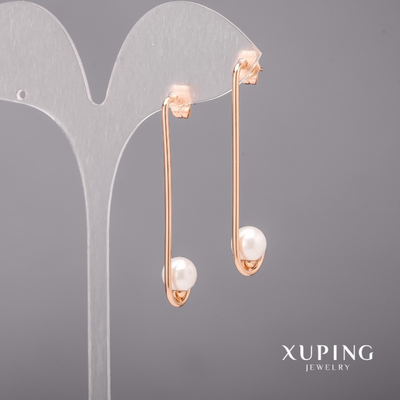 Pendientes Xuping con perlas Mallorca 8x48 mm, baño de oro de 18K