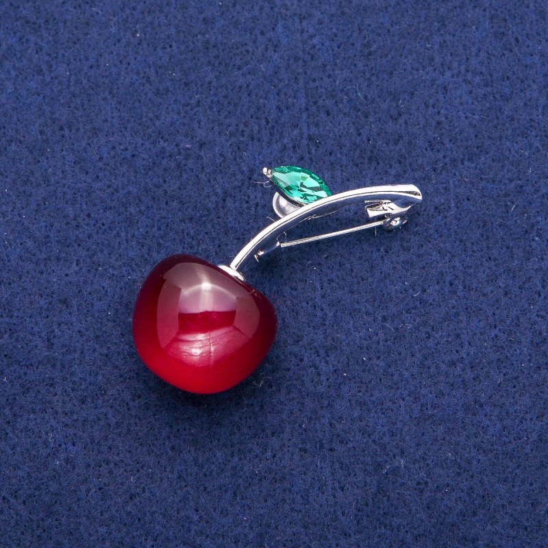 Broche Cereza con cristal, metal plateado, 49×22 mm