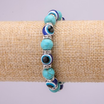 Pulsera amuleto de turquesa con ojos azules en elástico, diámetro 10 mm (±), longitud 18 cm con incrustaciones y strass