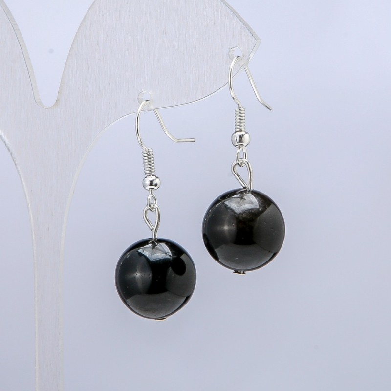 Pendientes de obsidiana plateada, diámetro 14 mm ±, longitud 30 mm ±