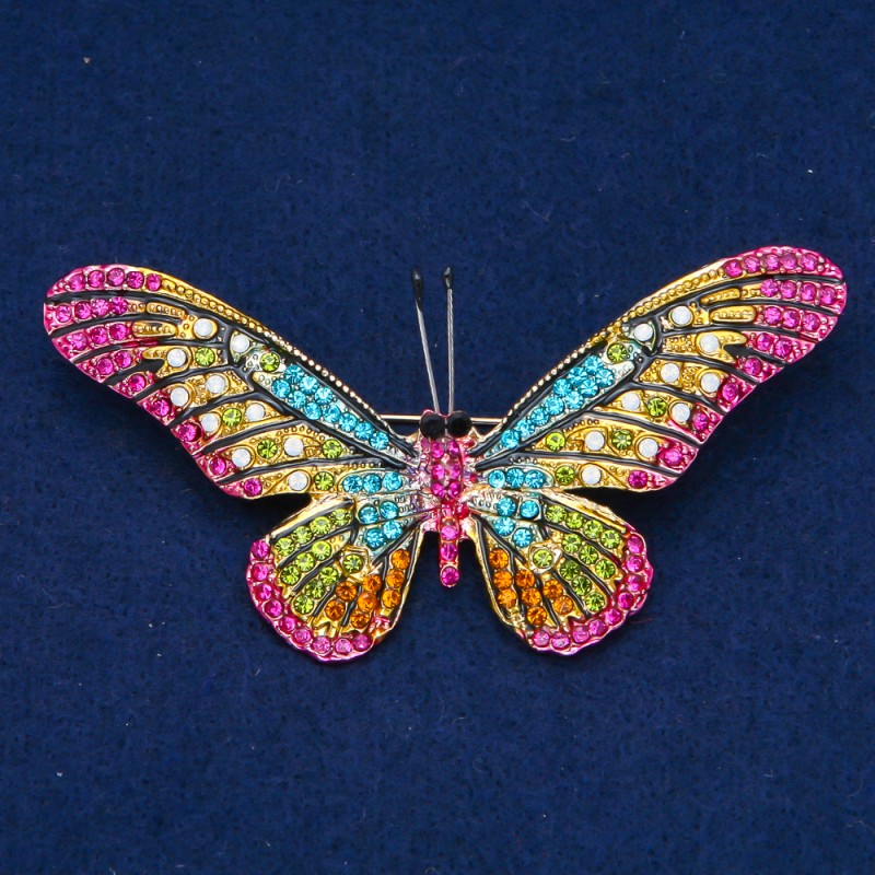 Broche mariposa de metal dorado, strass multicolor 42×82 mm +