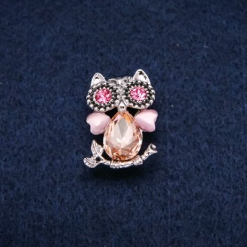 Broche búho: ojo de gato, cristales rosados, metal plateado 19×28 mm