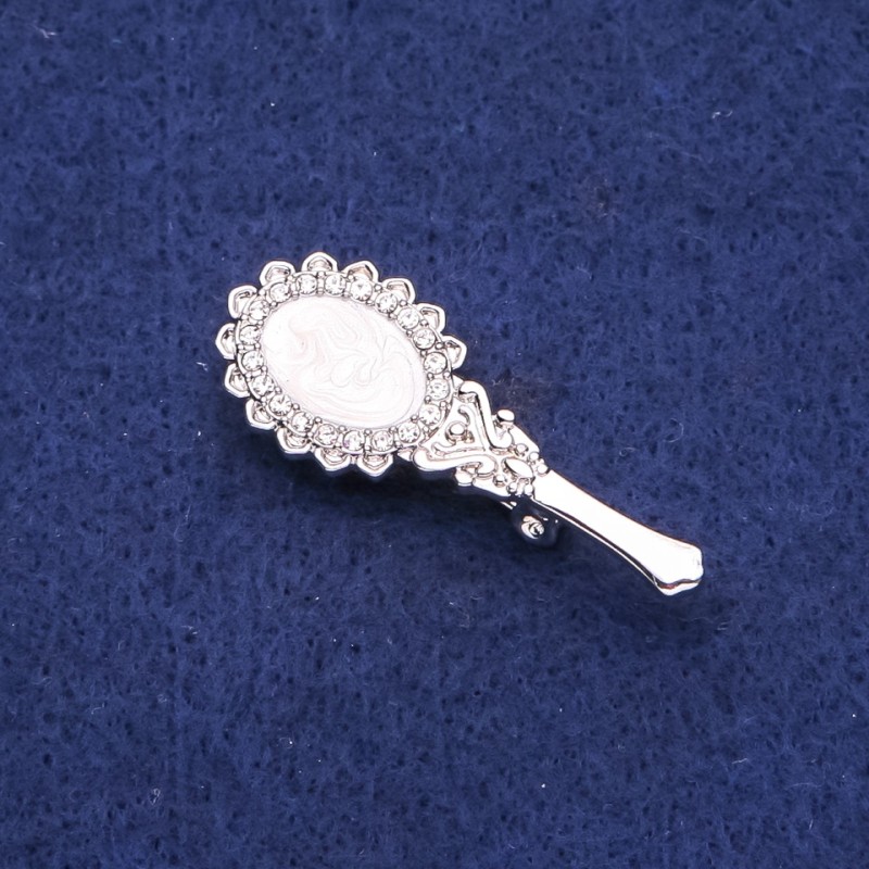 Broche Espejo perlado con strass, metal plateado, 16×42 mm