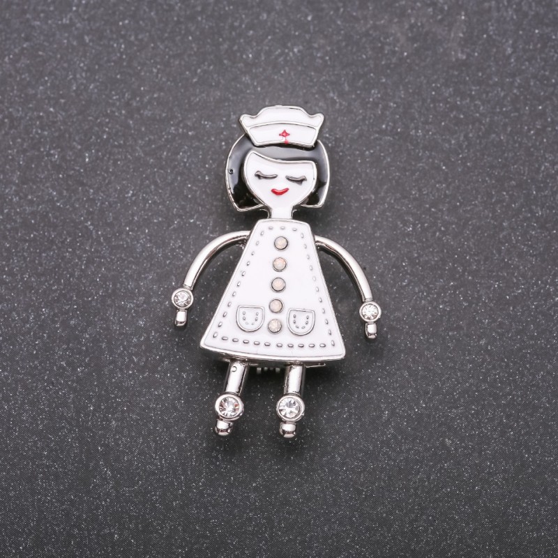 Broche de Enfermera con esmalte blanco, metal plateado, 42×26 mm