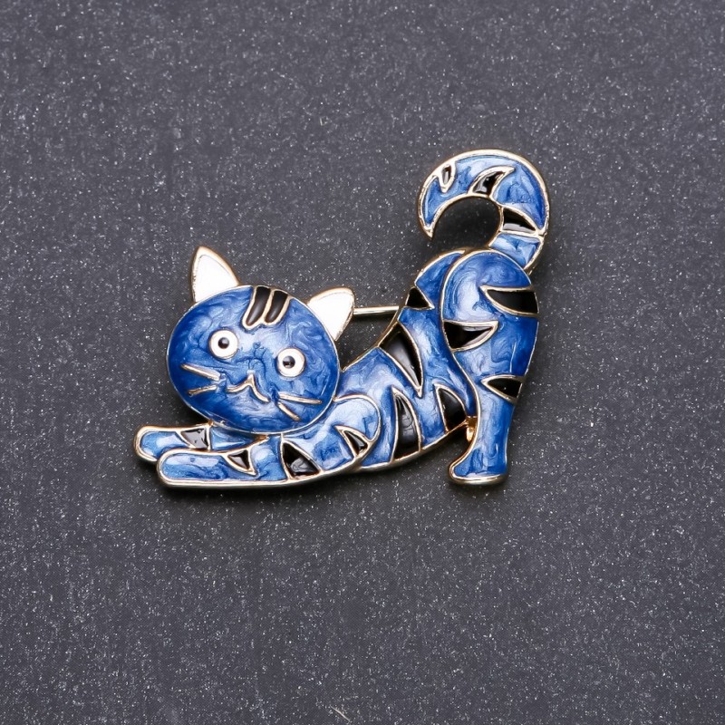 Broche con forma de gatito, esmalte azul 39×33 mm, metal amarillo