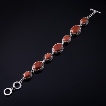 Liquidación. Pulsera de aventurina «Arena dorada» con engaste en garra, piedra ovalada, 7 piezas, 20×16 mm y 13×16 mm, longitud 18–21 cm