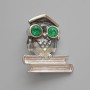 Broche-pendiente búho gris esmaltado, cristales verdes, metal plateado 33×37 mm